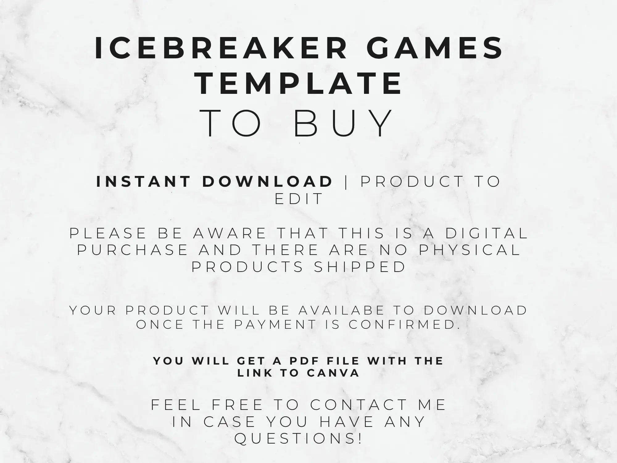 Digital template listing graphic with the text 'ICEBREAKER GAMES TEMPLATE TO BUY' on a white marble background, plus additional download information and a link to Canva.