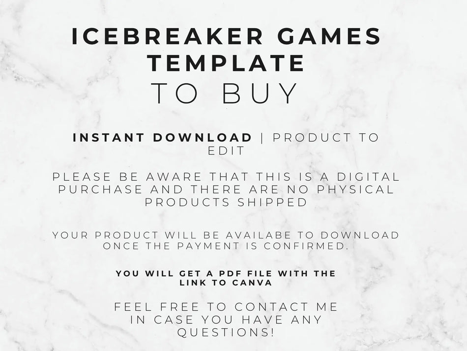 Digital template listing graphic with the text 'ICEBREAKER GAMES TEMPLATE TO BUY' on a white marble background, plus additional download information and a link to Canva.
