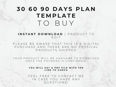 Text on a marble background describing a '30 60 90 Days Plan Template to Buy' with contact information.
