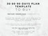 Text on a marble background describing a '30 60 90 Days Plan Template to Buy' with contact information.