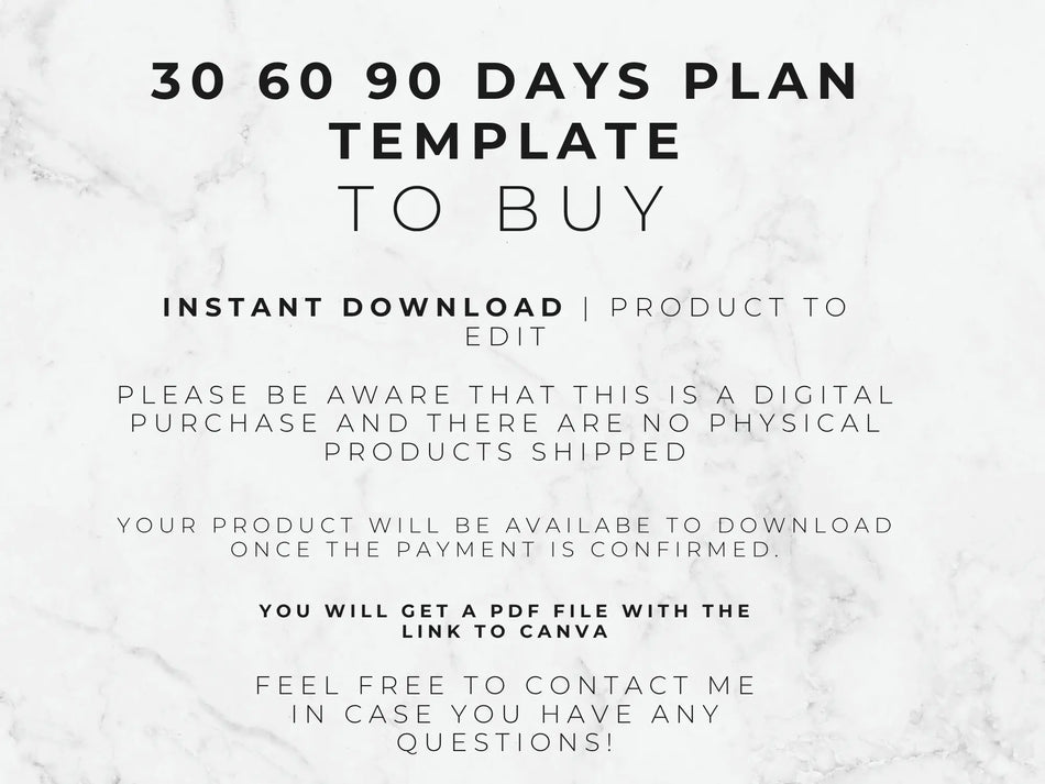 Text on a marble background describing a '30 60 90 Days Plan Template to Buy' with contact information.
