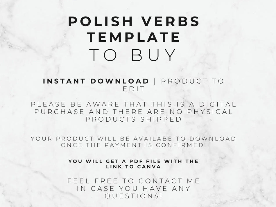 a text graphic on a marble background explaining that this is a digital-only purchase for a polish language canva template.