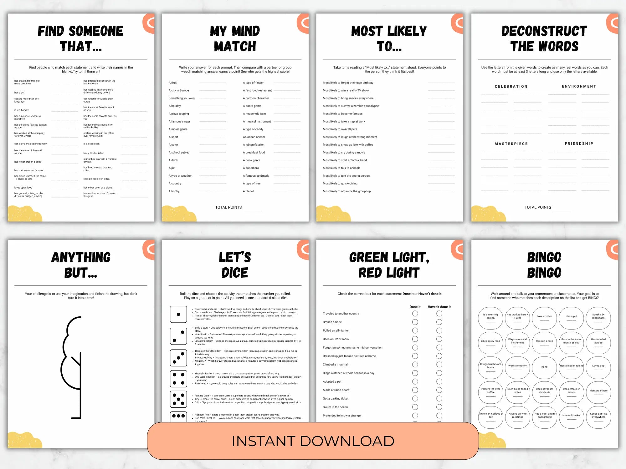 Six printable worksheet pages arranged in a 2x3 grid on a white background, with an orange banner at the bottom reading 'INSTANT DOWNLOAD.' The pages appear to be activity or game sheets with black text and small orange/yellow decorative accents.