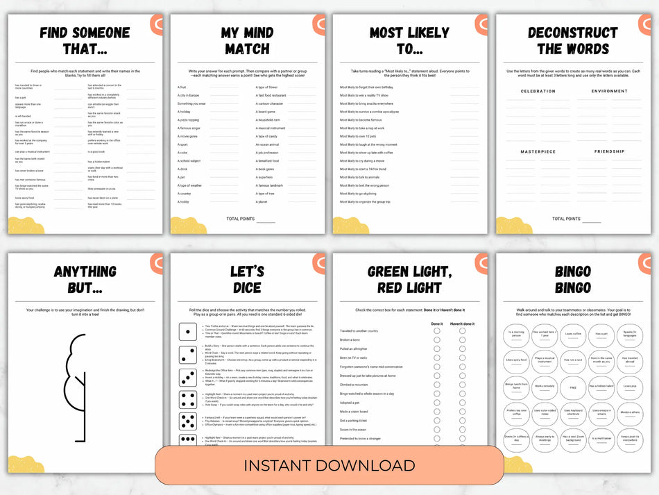 Six printable worksheet pages arranged in a 2x3 grid on a white background, with an orange banner at the bottom reading 'INSTANT DOWNLOAD.' The pages appear to be activity or game sheets with black text and small orange/yellow decorative accents.