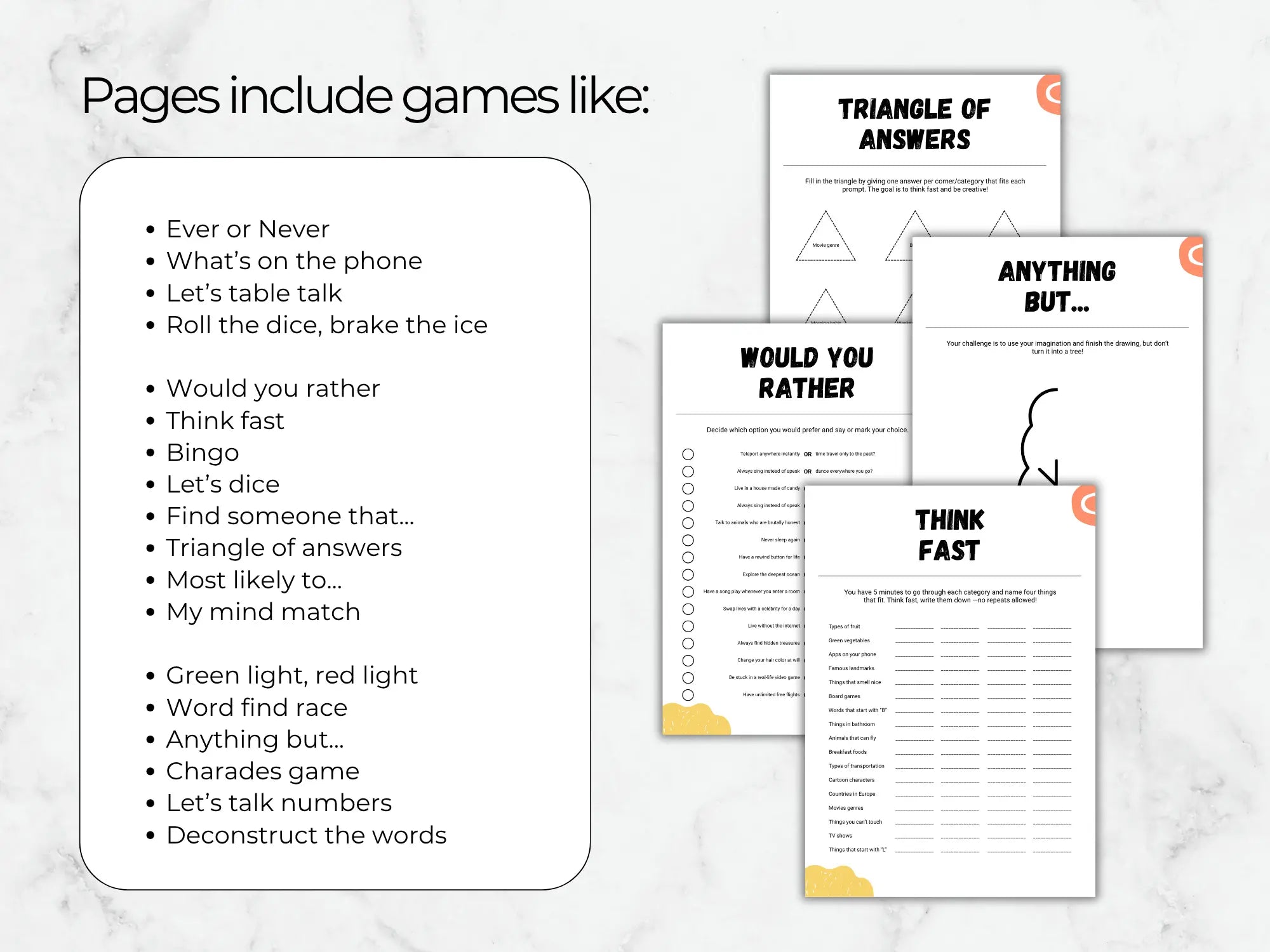 A product listing graphic showing printed game sheets and a list of included games on a light marble background. The sheets include titles such as Triangle of Answers, Anything But.