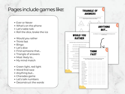 A product listing graphic showing printed game sheets and a list of included games on a light marble background. The sheets include titles such as Triangle of Answers, Anything But.