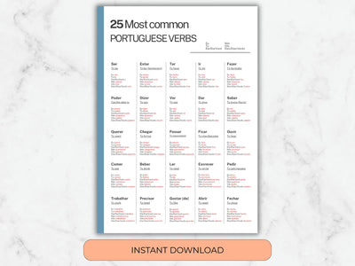 Sheet of paper with Portuguese verbs on a marble background