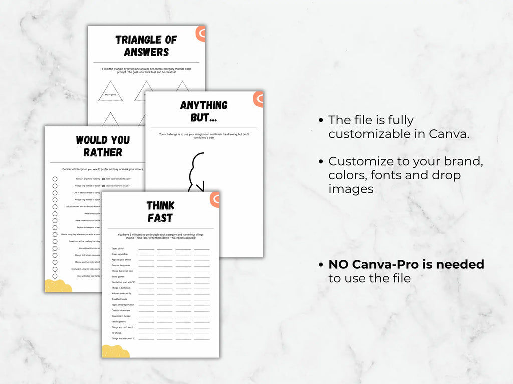 Digital mockup of printable worksheet pages on a light marble background, with text stating the file is fully customizable in Canva and no Canva-Pro is needed.