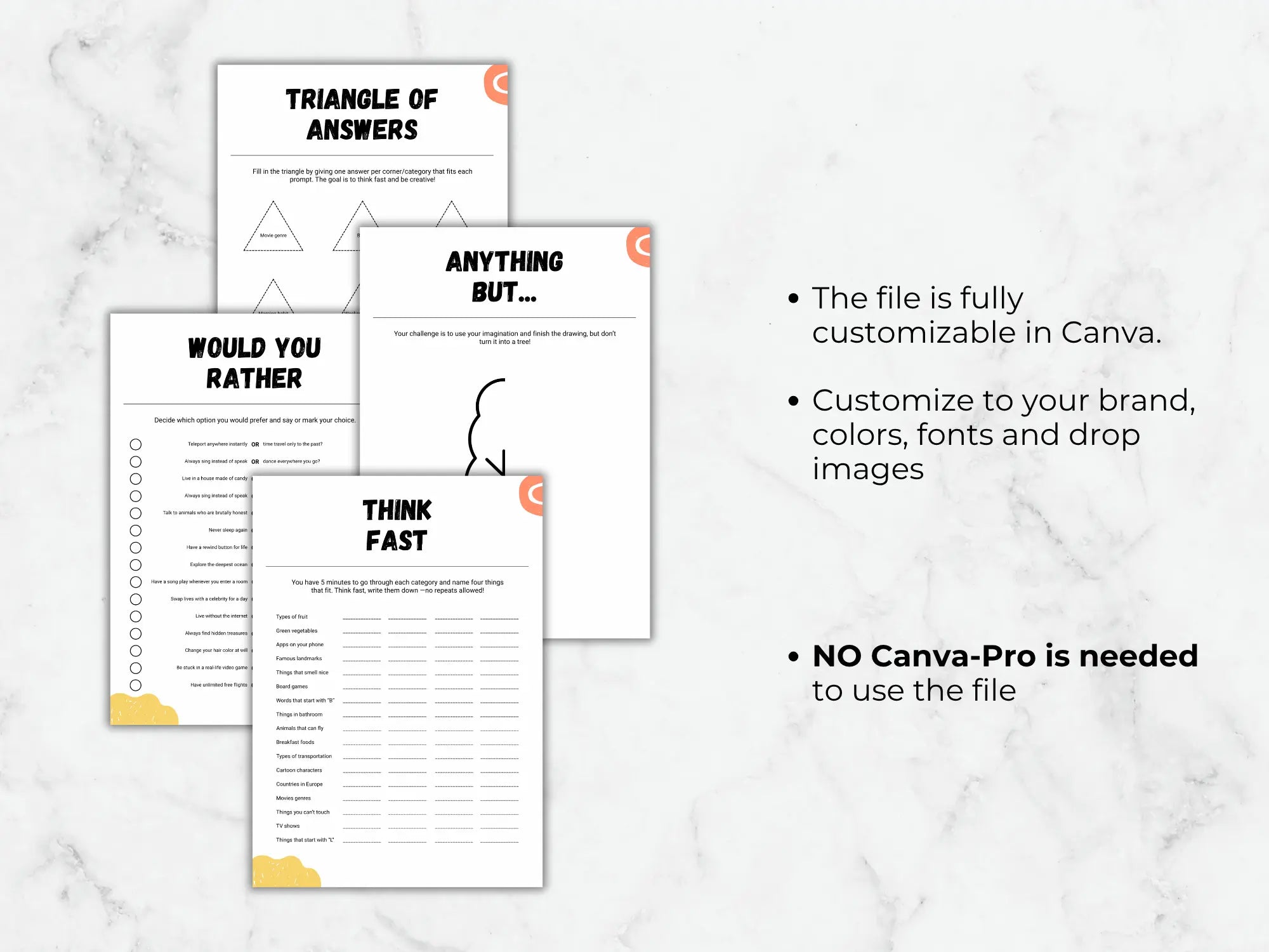 Digital mockup of printable worksheet pages on a light marble background, with text stating the file is fully customizable in Canva and no Canva-Pro is needed.
