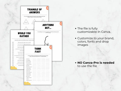 Digital mockup of printable worksheet pages on a light marble background, with text stating the file is fully customizable in Canva and no Canva-Pro is needed.