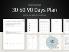 A visual spread of a 40-page goal planner showing different layouts like long-term snapshots, SMART goal setting, challenge logs, and weekly action boxes