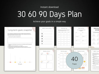 A visual spread of a 40-page goal planner showing different layouts like long-term snapshots, SMART goal setting, challenge logs, and weekly action boxes
