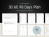 A visual spread of a 40-page goal planner showing different layouts like long-term snapshots, SMART goal setting, challenge logs, and weekly action boxes