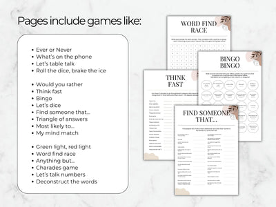 Printable party game sheets displayed on a light marble background, including a list of included games and several sample game pages such as Word Find Race, Bingo Bingo, Think Fast, and Find Someone That.