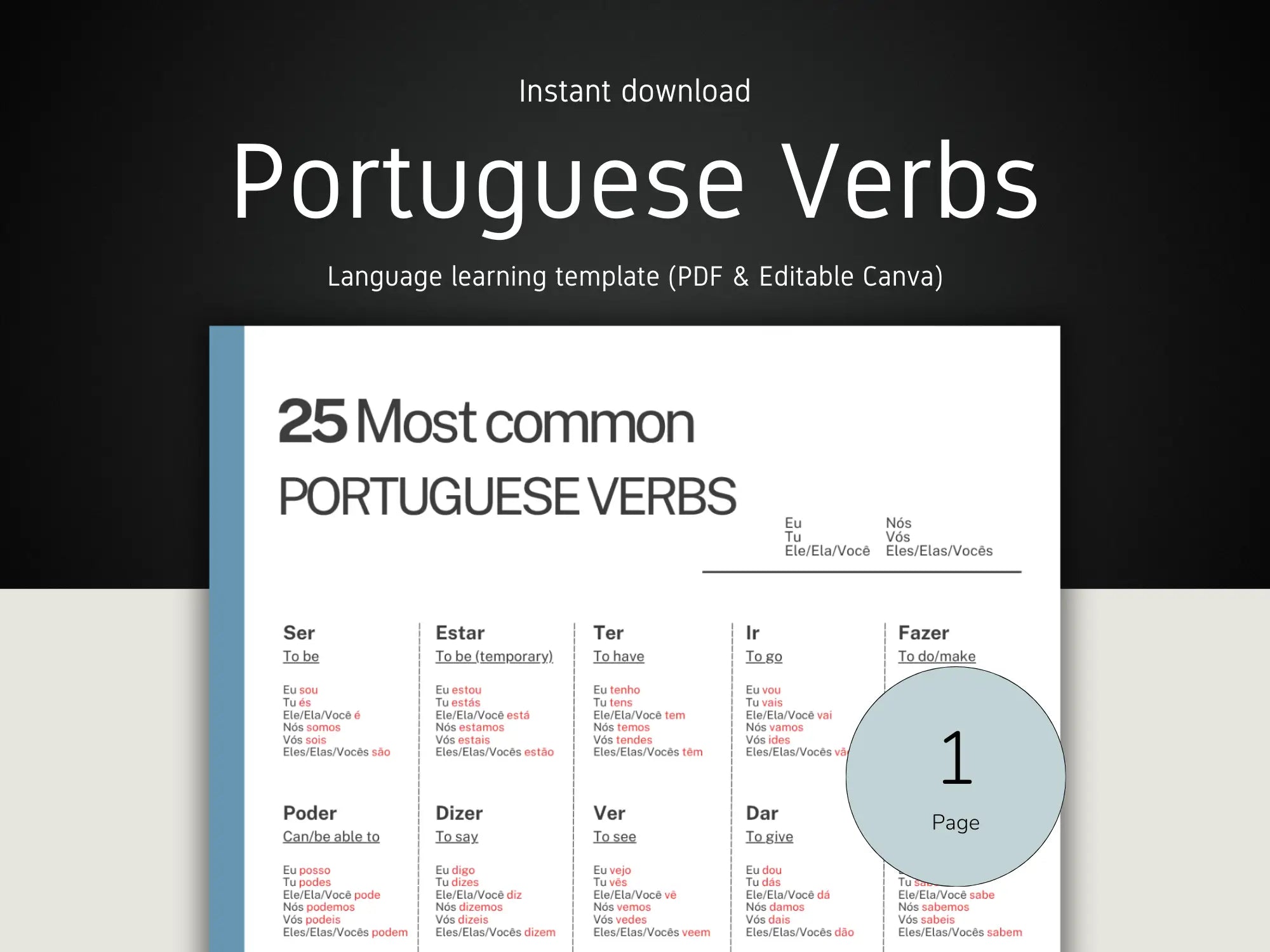 Portuguese verbs learning template with editable Canva text on a dark background