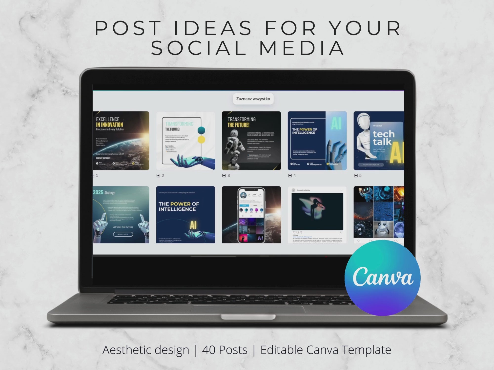 AI & Tech Instagram Templates: Futuristic Social Media Designs (Canva Editable, 40 Posts, Digital)