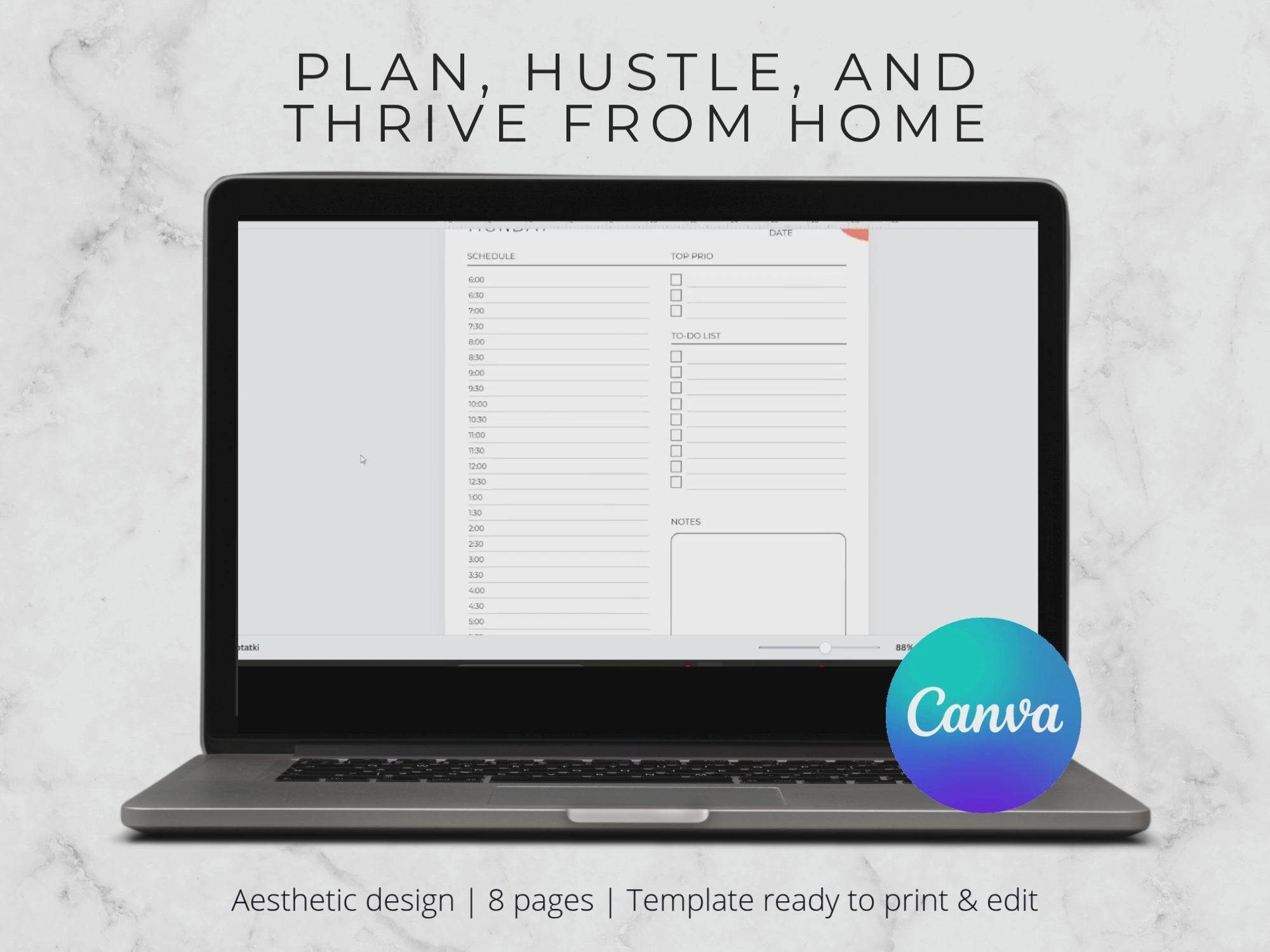 Work From Home Daily Planner: Hourly Schedule, Printable PDF (US Letter & A4)