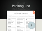 Cover image showing the travel packing list template in A4 and US Letter sizes for instant download.