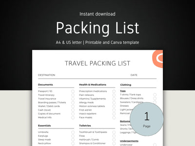 Cover image showing the travel packing list template in A4 and US Letter sizes for instant download.