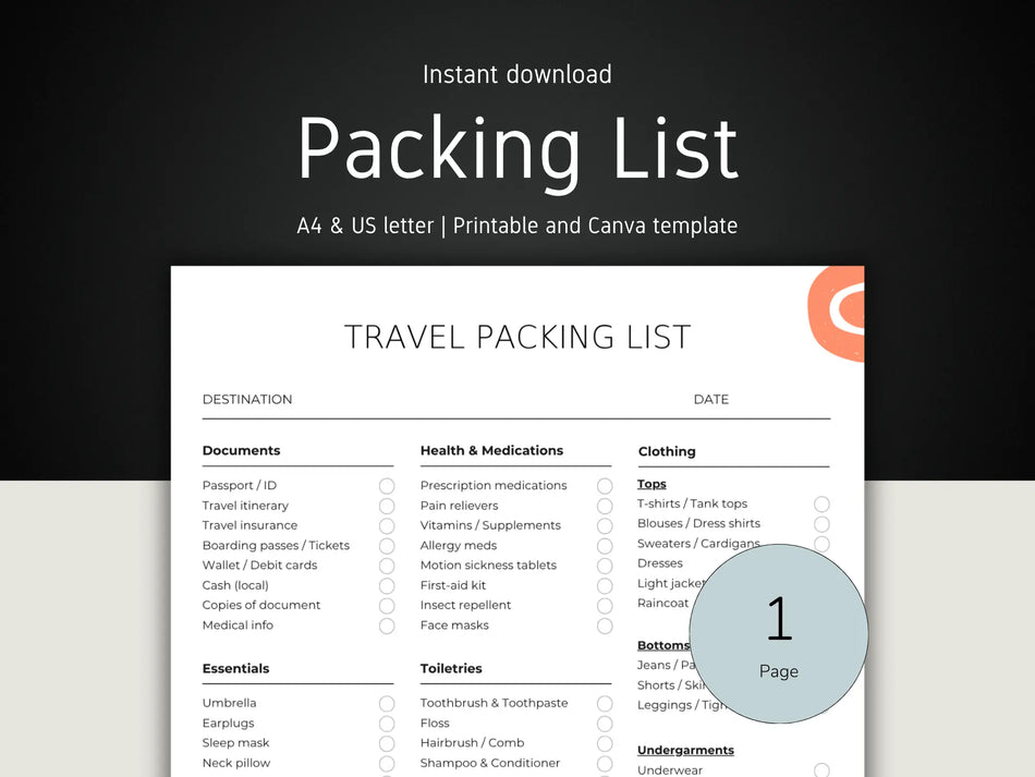 Cover image showing the travel packing list template in A4 and US Letter sizes for instant download.