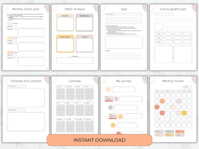 Collection of planning sheets with various sections on a white background