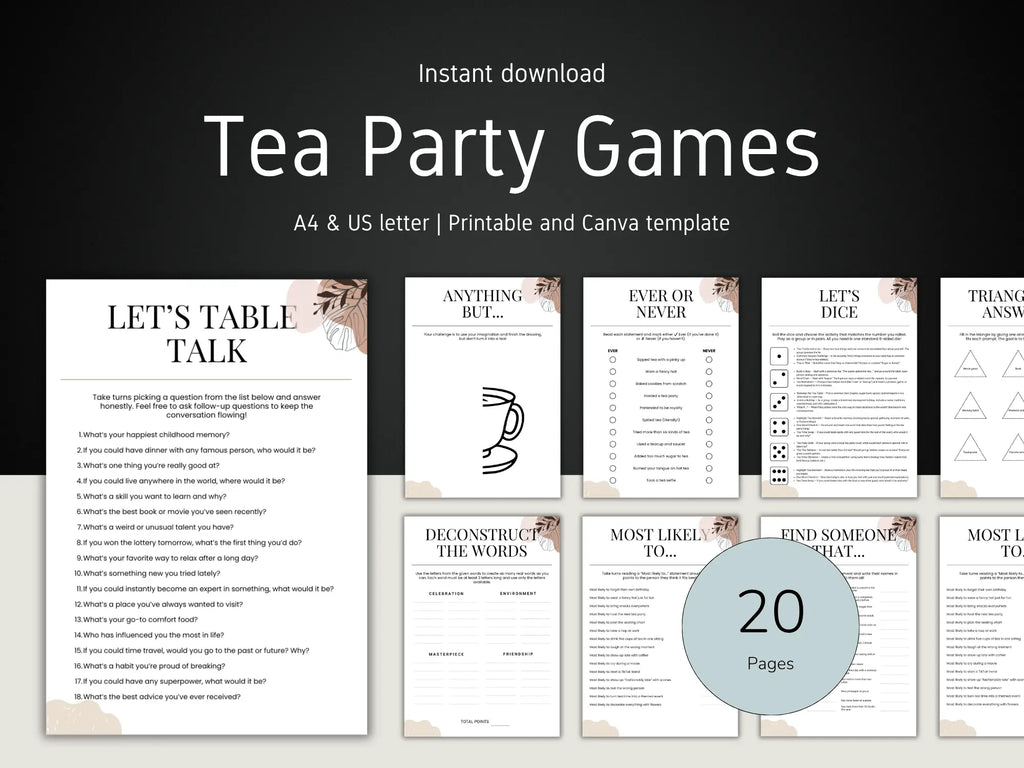Digital preview of a printable Canva template set for tea party games, showing multiple game page designs on a dark background with text reading 'Instant download', 'Tea Party Games', and '20 Pages'.