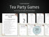Digital preview of a printable Canva template set for tea party games, showing multiple game page designs on a dark background with text reading 'Instant download', 'Tea Party Games', and '20 Pages'.