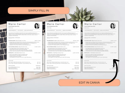 Three versions of a resume template with a laptop and plant in the background.