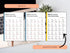 Three identical pages of a book or notebook showing Portuguese verbs, with a keyboard and plant in the background.